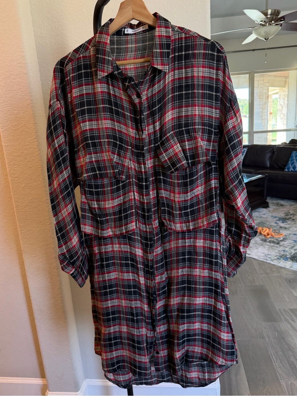 Mango Casual Black and Red Plaid Long-Sleeve Button Down Midi Shirt Dress US 4